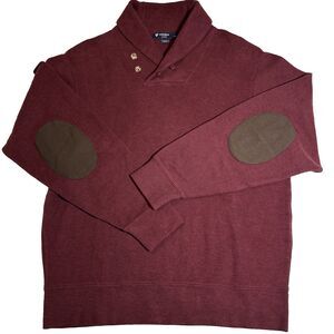 Cremieux Classics Maroon Sweater Shawl Collar Pullover Elbow Patch Brown Size L